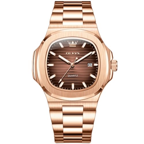 OLEVS Uhren Herren Braun Wählscheibe Roségold Analoger Quarz Herrenuhr Luxus Edelstahl Großes Handgelenk Wasserdicht Armbanduhren für Herren Kleid Leuchtend Kalender Datum Herrenarmbanduhr