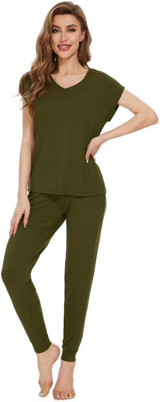 WiWi Lightweight Pajamas Sets for Women Short Sleeve Top with Long Jogger Pants Sleepwear Set Lounge Pjs S-XXL - Image 2