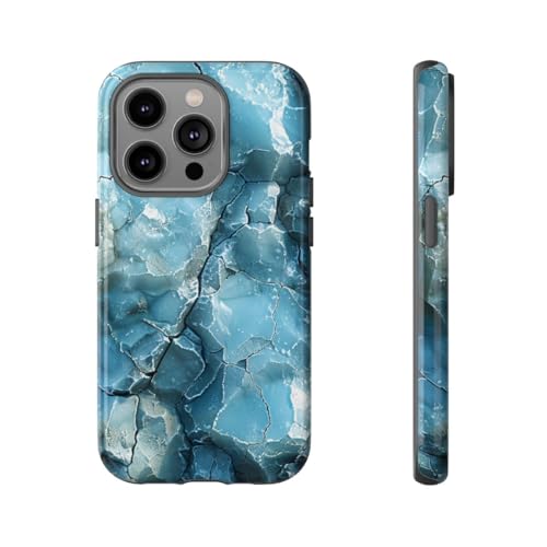 Coque iPhone 14 Pro rigide brillante bleu fractal ice texture grunge durable