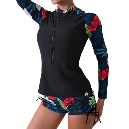 Women Long Sleeve Swimsuits Two Piece Rash Guard with Boy Shorts Zipper Swimsuit UPF 50 Modest Bathing Suit3