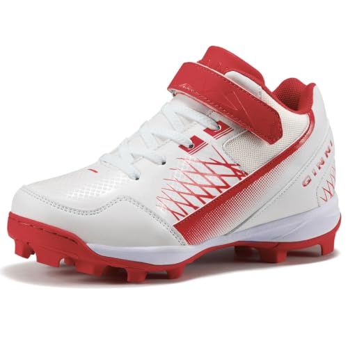 GINNI Boys Girls Baseball Softball Cleats, Kids Mid-Top Athletic Shoes Red