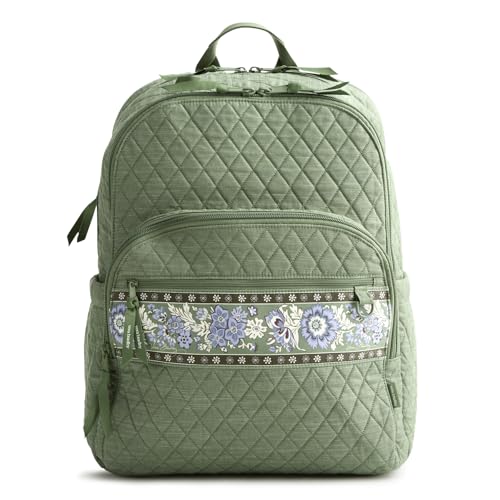Vera Bradley Womens Premium Cotton Large Bancroft Backpack 15 Laptop & Trolley Sleeves Vineyard Green Chambray 28L
