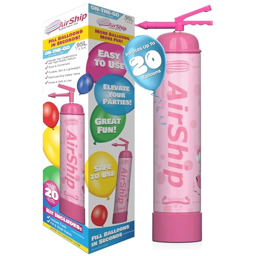 AirShip Portable Helium Tank for Balloons, 0.95L - Inflates Up to 20 9"Latex Balloons - Pre-Filled Disposable Helium Tank with Pressure Gauge - Lightweight Balloon Gas Tank for Parties & Events