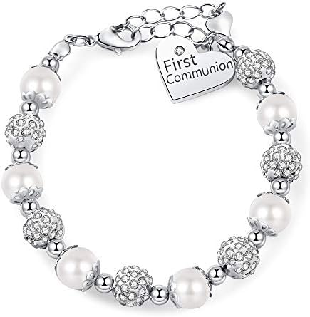 First Communion White Bead Charm Bracelet Handmade Jewelry Baptism or Christening Gift for Girls