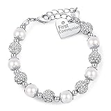 First Communion White Bead Charm Bracelet Handmade Jewelry Baptism or Christening Gift for Girls