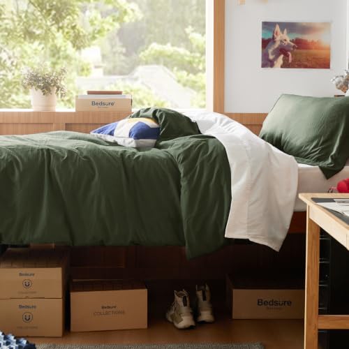 Image of Bedsure Prewashed Twin Duvet Cover, Cotton-Like Bedding Set, Olive Green | Ultra Soft, Relaxed Texture, Twin XL Breathable Comfort, Hidden Zipper, 8 Corner Ties, Easy Care, OEKO-TEX, Year-Round Use
