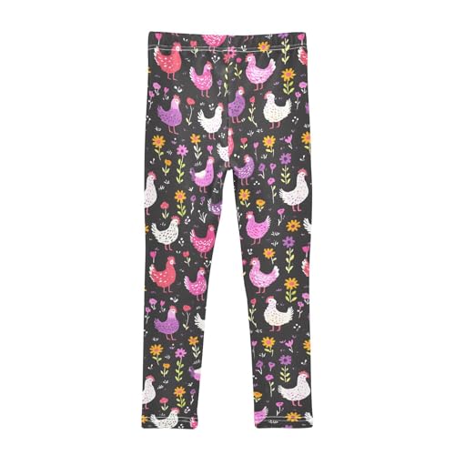 Pink Purple Chicken Flower Girls Leggings Soft Stretch Workout Yoga Dance Pants for Kids Casual Tights2