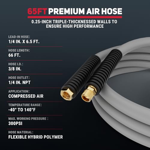 Retractable Air Hose Reel with Air Blow Gun, 3/8 In 65 ft Any Length Lock Air Compressor Hose Reel with Handle,180° Swivel Wall Mount for Garage