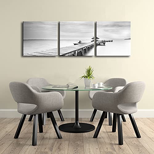 Pyradecor Large 3 Panels Black And White Peace Ocean Bridge Landscape Canvas Prints Modern Seascape Canvas Wall Art Sea Pictures Artwork For Living Room Bedroom Home Decorations #TOP1