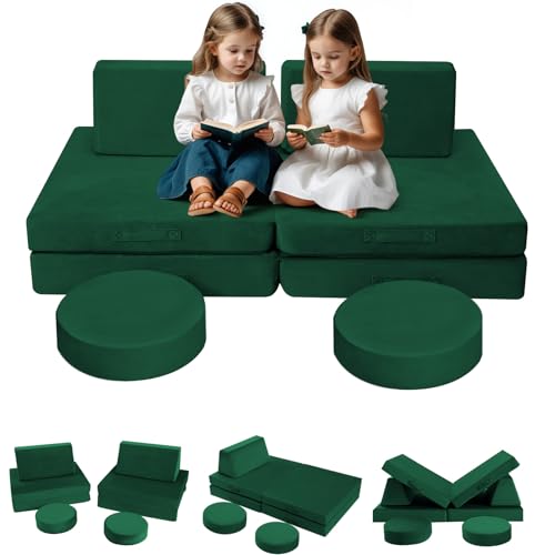 Image of MeMoreCool 8-Piece Modular Kids Play Couch – Green Convertible Foam Toddler Sofa for Playroom, Fold-Out Baby Couch Play Set