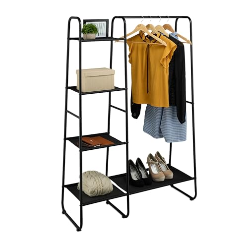 Relaxdays Perchero de Pie Metálico, 5 Baldas, Colgador Ropa con Barra y Estantería, 151x100x41cm, Armario Abierto, Negro, Hierro