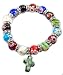 Agate Colorful Flowers Beads Cross Bracelet Stretchable Catholic Rosary Bangle Jerusalem Holy Land