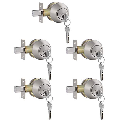 Gobrico Cerrojos de puerta de doble cilindro de níquel cepillado con llave igual de acero inoxidable con llave en ambos lados, paquete de 5