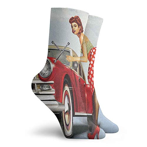 Fashion Compression Socks,Retro Girl With Polka Dot Patterned Midi Skirt Fixing Classic Red American Car,Performance Polyester Cushioned Athletic Crew Socks for Running,Athletic, -12 inch2