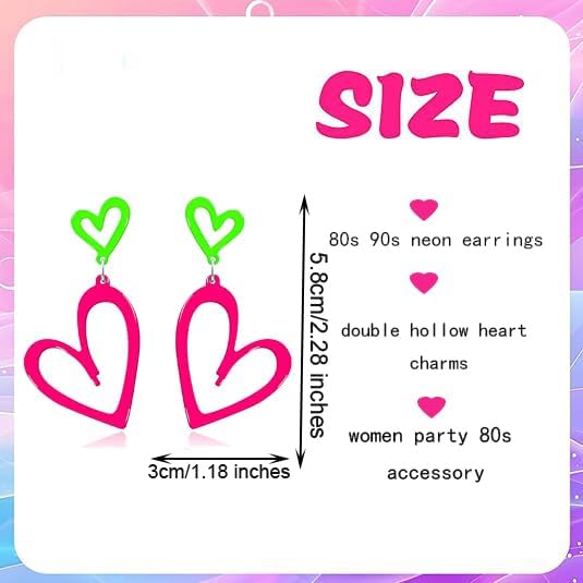 80s Neon Earrings Double Hollow Heart Punk Retro Earrings 80s Outfit Accessories for Women - Image 6