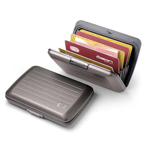 Image of OGON -DESIGNS- Aluminum Card Holder Wallet, RFID Protection. Model : OSLO | Secure metal clasp. Instant card access with one-hand opening. Holds up to 10 cards & bills. Compact design.