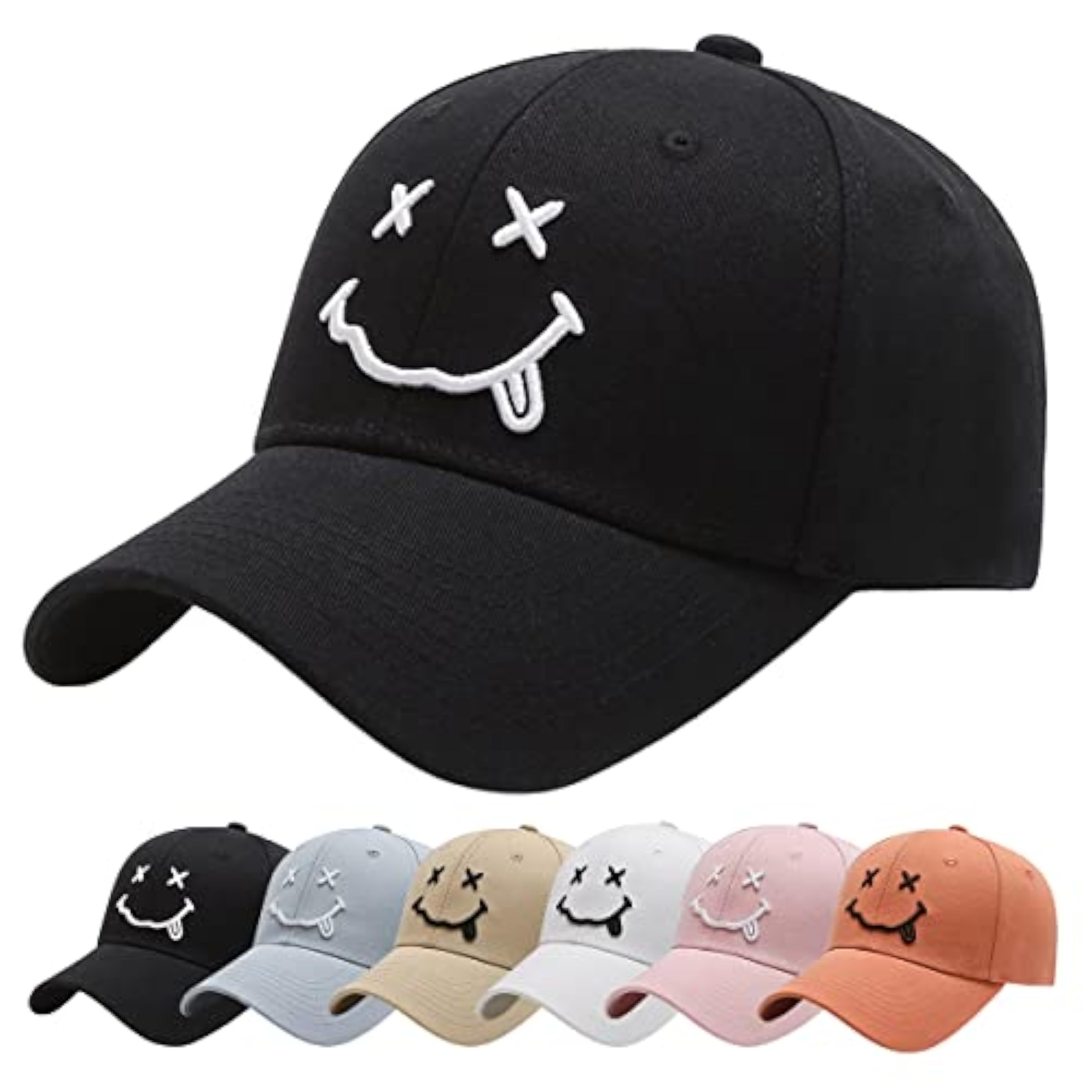 Baynetin Gorra de béisbol para Hombre,Unisex Algodón Ajustable de 6 Paneles Casual Deportes de Sombrero, 3D Carta Smiling Bordado Moda Gorro (Negro)