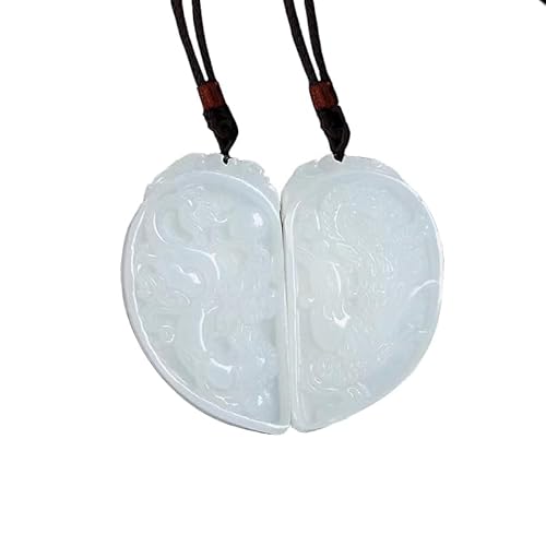 KETLIXS White Jade Jadeite Carved Dragon Phoenix Necklace,Double Couples Amulet