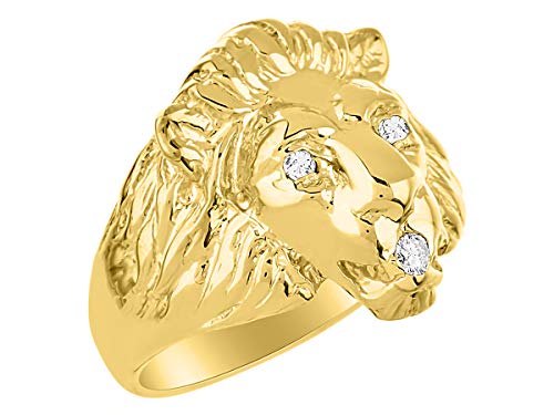 Image of Rylos Lion Head Ring Color Stones Eyes & Diamond Mouth - Fun Designer Rings in Sizes 8-13 in Yellow Gold Plated Silver