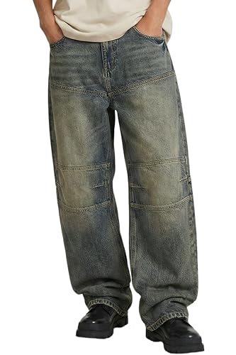 Men's Super Baggy Jeans Y2K Wide Leg Denim Pants - Loose Fit Streetwear Non-Stretch Cotton Casual Trousers All Season (34, Vintage Blue)