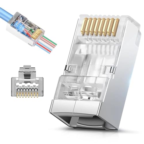 GEDIZ Conectores de Paso RJ45 Cat6 Cat6A Blindados, 50 Uds., Extremos Ethernet chapados en Oro de 3 Clavijas 8P8C for Cable de Red FTP/STP