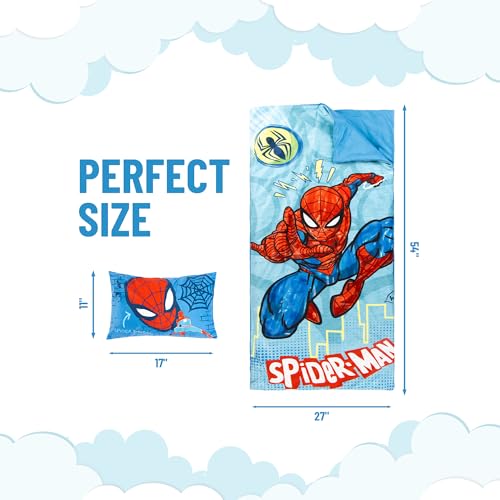 Image of Jay Franco Kids Slumber Bag and Pillow - 54 x 27 Inch Comfy Indoor Sleeping Bag for School and Sleepovers, 2 Piece Set, Blue - Spiderman