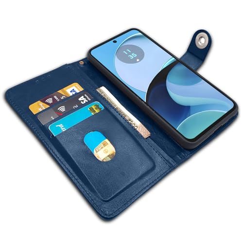Image of Pikkme Flip Cover Leather Finish | Inside TPU with Card Pockets | Wallet Stand and Shock Proof | Complete Protection Button Flip Case for Moto G14(Blue)