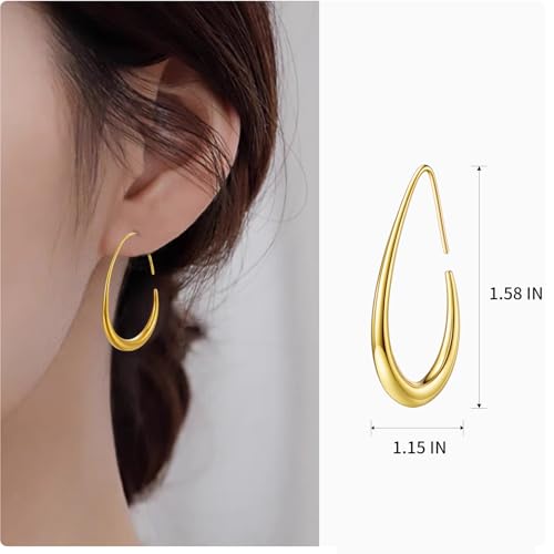 Delicate Teardrop Hoop Earrings for Women - 18k Gold Plated Large Oval Pull-Through Hoops, High Polished Statement Jewelry Gift2