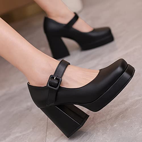 Women's Block Heel Square Toe Pumps Buckle Platform Heels Pumps2