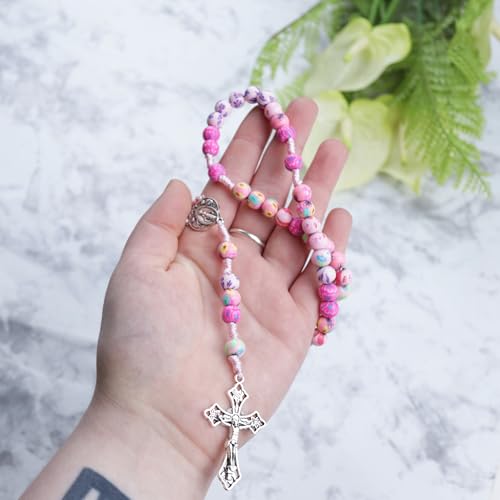 Needzo Floral Pink Cord Rosary, Colorful Prayer Bead Necklace, 16.5 Inches2
