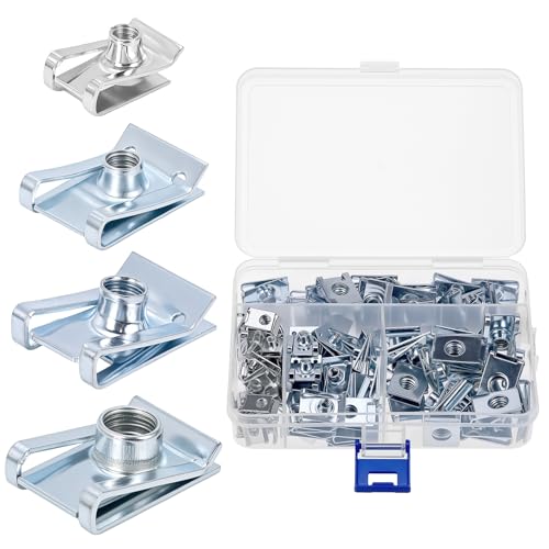 QWORK® 90 Piezas tuercas de clip roscadas, U-tipo tuercas de chapa acero manganeso, clasificadas en caja de almacenamiento, para el mantenimiento de vehículos