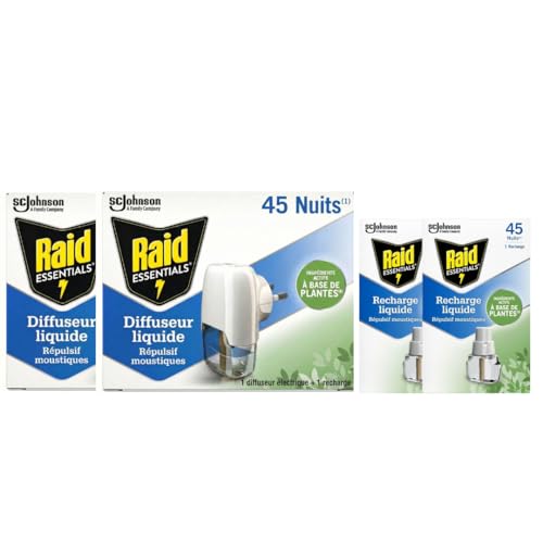 Raid Essentials Diffuseur Electrique Liquide - Répulsifs Anti-Moustiques et Moustiques Tigres 180 Nuits – 2 Diffuseurs + 4 Recharges 4x32ml