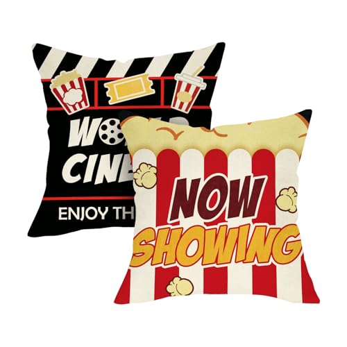 Fjfz World Cinema Movie Decorative Throw Pillow Covers 18 x 18 Set of 2, Now Showing Popcorn Clapper Board Theater Porch Outdoor Home Decor, Funny Film Tickets Movie Room Sofa Couch Cushion Case