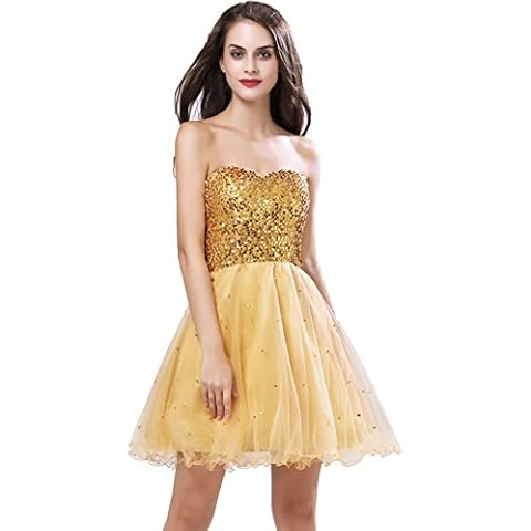 Sarahbridal Juniors Homecoming Dresses Short 2022 Sequin Tulle Sweet 16 Prom Party Gowns Gold US10 Cover