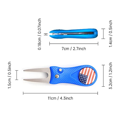 smtfcty Golf-pitchvork, 2 stuks, opvouwbare roestvrijstalen divot-vorken met afneembare balmarkers, golfbaantoestellen, putting green reparatieset (zwart blauw) - Afbeelding 3