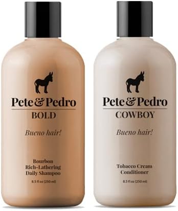 Pete & Pedro Bold & Cowboy Hair Care Daily Shampoo & Conditioner Set | Macho, Manly Bourbon& Tobacco Scent – Smells Incredible | Amazing Lather, Hydrates Hair | As Seen On Shark Tank, 8.5 oz. Each