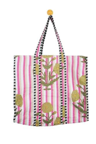 Image of Quilted Cotton Handprinted Reversible Large multicolor Floral Tote Bag,Hand Block Print Shopping Shoulder Carry Bag