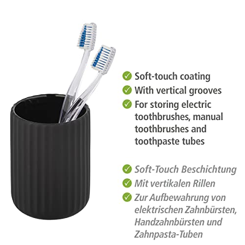 WENKO Belluno Toothbrush Holder for Toothbrush and Toothpaste Made of Elegant Ceramic with Modern Curves Ribbed Soft-Touch Surface in Matte Black Diameter 8 x 11 cm - Image 2