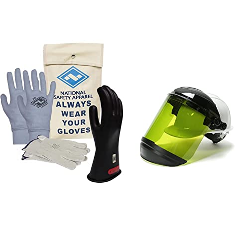 NATIONAL SAFETY APPAREL Class 0 Black Rubber Voltage Insulating Glove Premium Kit & Sellstrom Face Shield S31202 Arc Flash Rated Safety Mask, Dual Crown, Light Green Tint, ANSI Z87.1