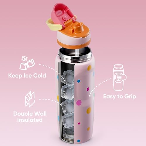 Image of Fijinhom 24 oz Insulated Water Bottle,Stainless Steel Sports Water Bottle with Straw, Double Wall Vacuum Leak Proof, Cold for 24 Hours, BPA Free for Travel, Sport, Outdoor, Polka dot