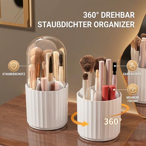 trabag Make up Pinselhalter mit Deckel, 360° Drehbarer Makeup Pinsel Organizer mit Staubschutz, Pinselaufbewahrung für Schminktisch & Badezimmer, Kosmetik Aufbewahrung für Pinsel Lippenstift