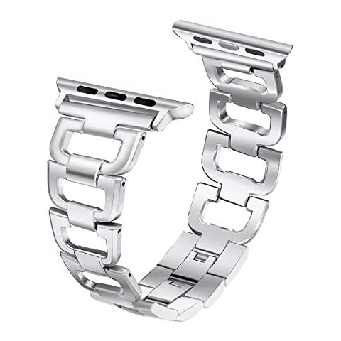 Secbolt Bling Bands Compatible with Apple Watch Band 38mm 40mm 41mm iWatch SE Series 9 8 7 6 5 4 3 2 1 Women Dressy Jewelry D-link Stainless Steel Wristband Strap, Slim Silver Cover