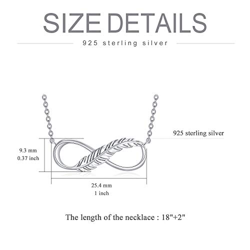 Infinity Feather Necklace 925 Sterling Silver Necklace for Women, 18”+2” 6