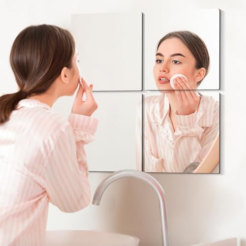 Image of 4 Pieces Self Adhesive Acrylic Mirrors, Unbreakable Mirror Tiles, Flexible Wall Mirror Plates, Shatterproof, Full Body Mirror for Home, Bedroom, Gym, Door, Wardrobe