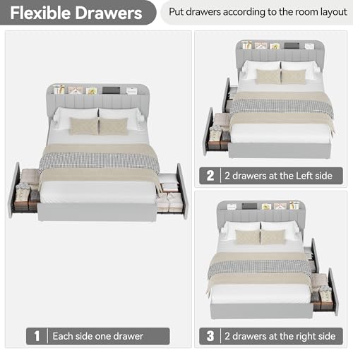 GarveeHome Queen Bed Frame with Storage Headboard, Girls Bed Frame with 2 Drawers, Boucle Upholstered Platform Bed with Bookcase, No Box Spring Needed, Easy Assembly, Grey