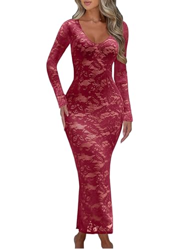 Ekaliy Women's Cocktail Dresses Floral Lace Elegant V Neck Flare Sleeve Tight Fitted Formal Wedding Guest Long Dress Wine Red