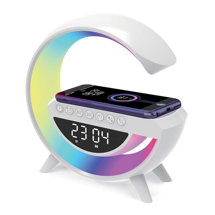 4 in 1 Equatech Rechargeable LED Wireless Charging Speaker with Alarm Clock, RGB Ambient Light with 12 Lighting Effects, Bluetooth Speaker, Wireless Charger & White Noise Lamp