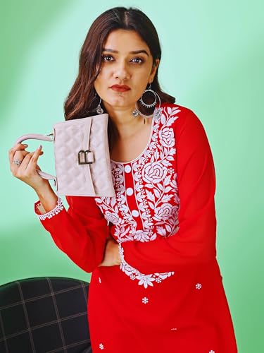 Image of HESVI Women's Georgette White Lakhnavi Chikankari Kurti with Intricate Embroidery Work