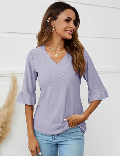 LOMON Blouses for Women Dressy Casual Summer 3/4 Length Sleeve Tops 2025 Loose V-Neck Flutter Bell Sleeve Tunic Textured T-Shirts (Purple,Medium)