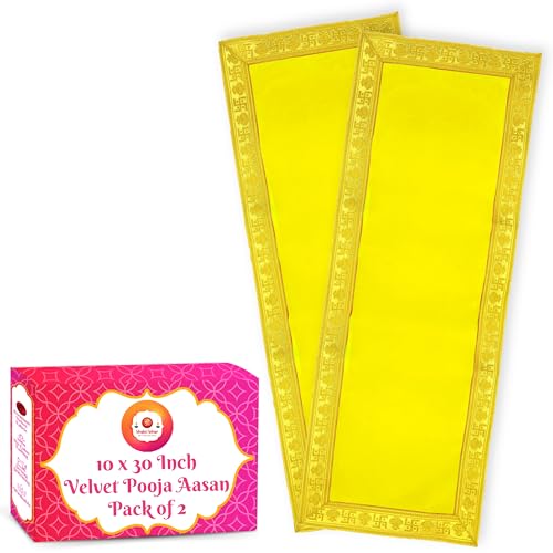 Image of Bhakti Lehar (10 x 30 Inch) Plain Yellow Velvet Pooja Aasan for God Idol /Chowki Aasan Kapda Cloth for Temple Shelf Home Mandir, Ganesh Baithak and God Idol Sitting - Pack of 2